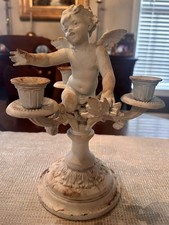 Vintage French Style Shabby Chic Cast Iron Cherub Putti Three Arm Candelabra picture