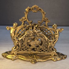 Vintage Victorian Style Ornate Solid Brass Letter Rack 3-Slots Cherubs Heavy picture