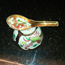 Vintage Chinese Porcelain Dragon & Phoenix Bowl with Matching Spoon picture