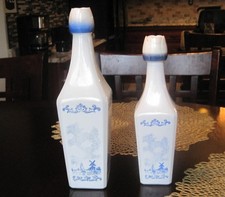 2 Delft Blue Vintage Vandermint Glass Liquor Bottles Dutch Blue Windmill Design picture