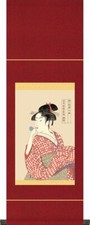 Hanging scroll Girl playing the vidro by Utamaro Kitagawa SS 31 x90 cm Dark red picture
