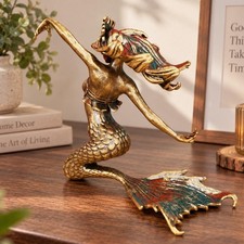 Brass Mermaid Statue Vintage Sea Siren Figurine Nautical Decor Ocean Sculpture picture