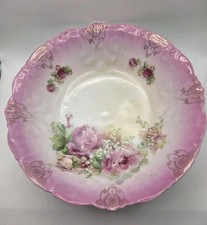 Porcelain Serving Bowl  11” with Pink Border Gold Gilt Accent Pink Roses picture