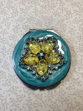 Vintage Round Double Mirror Compact Blue Acrylic Flower Rhinestone Embellishment picture