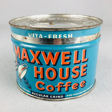 Vintage Maxwell House Coffee Tin Teal blue 1 lb Vita-Fresh Radiant Roast 40s-50s picture
