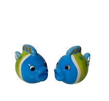 Hand Painted Ceramic Fish Shaped Salt and Pepper Shakers - Blue, Green, White picture