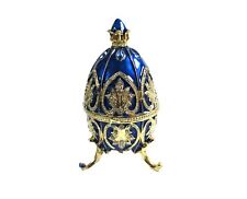 Bejeweled Blue Royal Faberge Egg Hinged Metal Enameled Crystal Trinket box picture