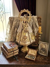 Our Lady of the Rosary Milagros statue, handcrafted vintage Mother Mary and Jesu picture