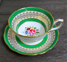 Hammerley & Co Bone China Floral Painted Cup & Saucer Set Green Gold 2pc picture