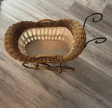 Vintage Brown Wicker Baby Carriage Buggy w/ Metal Frame, Wheels & Handle picture
