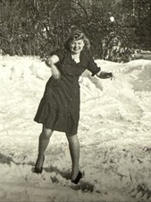 1940s WOMEN Snow Throwing Snowball Winter City Vintage Snapshot Photo Sled picture