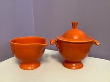 Vtg Fiestaware Sugar Bowl Creamer Set Original Radioactive Red Homer Laughlin picture
