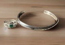 .925 Vintage Navajo child Sterling Silver Cuff Bracelet & green onyx child ring picture