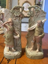 Antique Royal Dux Pair Fisherman Figurines Vases Lady & Basket 10”  1900’s EX picture