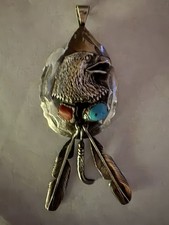 Astute Navajo Fred James Prewitt Sterling Silver Turquoise Coral Eagle Pendant  picture