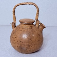 VTG Japan Brown Speckled Stoneware Teapot Rattan Handle Strainer MCM 9.5” picture
