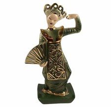 Vintage Hedi Schoop California Pottery Oriental Thai Fan Dancer Green Gold Vase picture