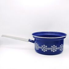Vintage MCM Blue & White Floral Enamelware 6.5” Wide 3.5” Deep Sauce Pan NO LID picture