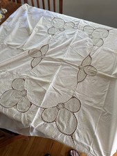 76 x 56 Vintage Cotton Tablecloth Embroidered and Crochet White & Cream Floral picture