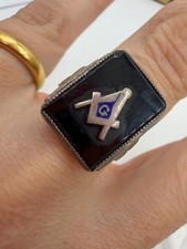 Vitnage Sterling Silver Ring Masonic Fraternal Signet Mens  Size 8  Black picture