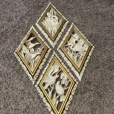 Set Of 4 Burwood MCM VINTAGE Bird Water Fowl Plaques. Plastic. Cream And Gold picture