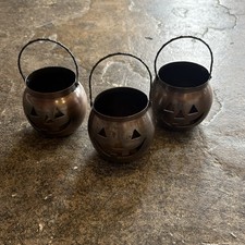 Lot Of 3 Vintage Hosley  Metal Jack-O-Lantern Candle Holders Casts Shadows USA picture