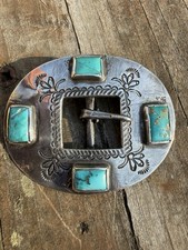 NATIVE AMERICAN NAVAJO TURQUOISE & STERLING FRED HARVEY ERA BUCKLE picture