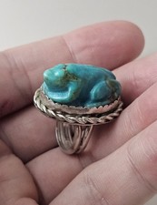 ZUNI Rare Carved Blue Turquoise Native FROG FETISH Sterling Silver RING Size 5 picture