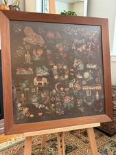 Vintage Completed Sampler Victorian Style Wool Linen Flowers Animals Letters picture