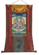 GURU PADMASAMBHAVA  HAND PAINTED SMOKY  TIBETAN THANGKA WITH SILK BROCADE picture