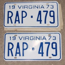 VINTAGE MATCHED PAIR 1973 VIRGINIA LICENSE PLATES-RAP479-NOS- MINT- RAP picture