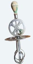 Vtg A&J Hand-Crank Egg Beater Mixer Metal Gears Green Wood Handles Splash Guard picture