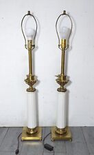 Vintage Pair Stiffel Cream Ceramic & Brass Column Table Lamps Hollywood Regency picture