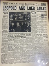 VINTAGE NEWSPAPER HEADLINE ~MILLIONAIRE MURDER LEOPOLD AND LOEB JAILED 1924 picture