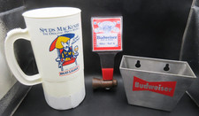 RARE Vtg Budweiser Beer Bar Pull Handle + Steel Wall Holder + Plastic Mug Cup picture