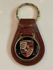 X RARE 1960s-70s”PORSCHE” METAL/BROWN LEATHER KEY FOB-SPEEDSTER-CARRARA-911 LQQK picture