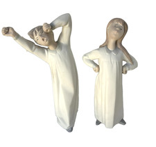 NAO by Lladro Porcelain Figurines Boy & Girl in Nightgowns Pajamas Lot of 2 picture