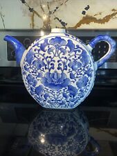 Bombay Large Blue White Asian Floral Round Moon Decorative Teapot No lid-15”wide picture