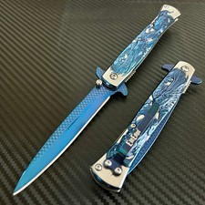 9” Blue Dragon Engraved Cute Spring Assisted Open Blade Folding Pocket Knife picture