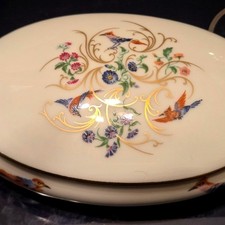 Limoges Trinket Bowl OvalSmall Cream Hand Painted Bird Floral Gold Scroll picture