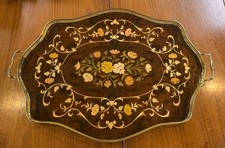 VTG Italian Marquetry Wood Inlay SORRENTO Tray Brass  Handles  23