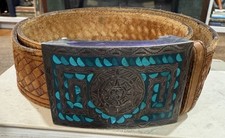 Vtg Mexican Sterling Silver Turquoise Aztec Sun Calendar Belt Buckle 45g Size 36 picture