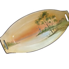 Vintage Nippon Relish Dish Hand Painted Bowl Windmill On Lake Peach Green Handle picture