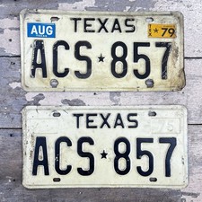 Vintage 1970s Texas License Plate Pair ACS-857 1975 1979 Registration Tags picture