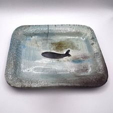 Handmade Ceramic Whale Plate Blue/Grey Crackle Finish Rectangular Art Pottery picture