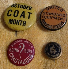 Antique 1900s Celluloid Pinback Button Lot Redpath Chautauqua Farm Equity Coat picture