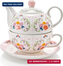 WRINGKIT Tea for One Set, Porcelain Teapot and Cup Saucer Set, Elegant Floral Te picture
