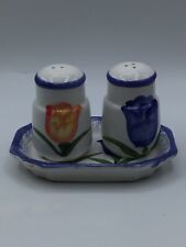 Vintage Ceramic Salt and Pepper Shaker Set with Tray Tulip Design Blue & White picture