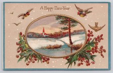 Happy New Year Birds Flying Snowy Scene Gold Trim Embossed 1908 Postcard picture