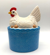 Vintage Ceramic Hen on Nest Covered Dish Blue Basket Chicken Farmhouse 10